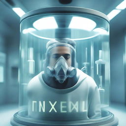 A human inside a tank wearing a breathing mask, with the title 'Nexum' at the top