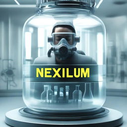 A human inside a tank wearing a breathing mask, with the title 'Nexum' at the top