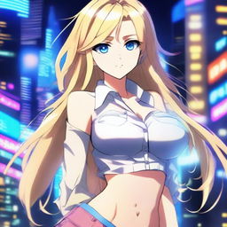 A stunning anime girl with long blonde hair and bright blue eyes