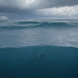 Ocean scene with a shark visible under the water's surface and turbulent cloudy weather overhead