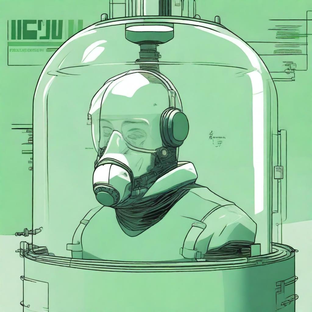 A human inside a tank wearing a simple breathing mask, with the title 'Nexum' at the top