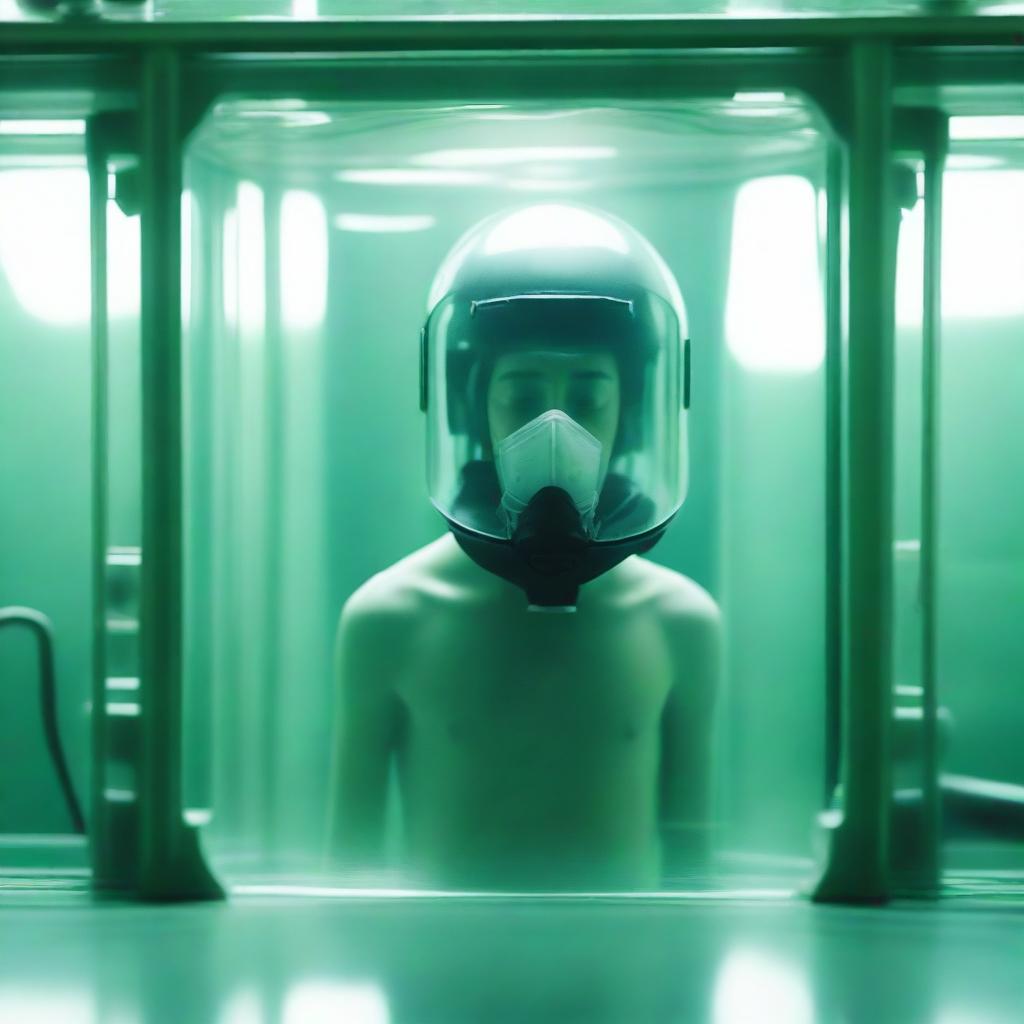 A full-body image of a 20-year-old human inside a tank wearing a simple breathing mask, with the title 'NEXUM' at the top