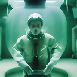 A full-body image of a 20-year-old human inside a tank wearing a simple breathing mask, with the title 'NEXUM' at the top