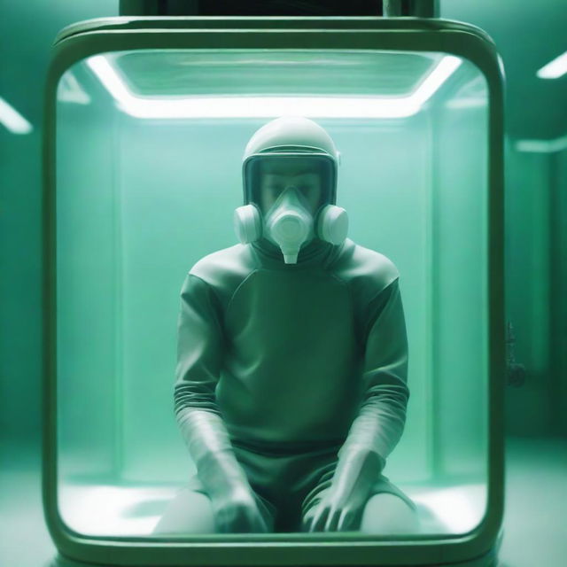 A full-body image of a 20-year-old human inside a tank wearing a simple breathing mask, with the title 'NEXUM' at the top