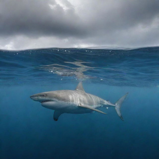 Ocean scene with a shark visible under the water's surface and turbulent cloudy weather overhead