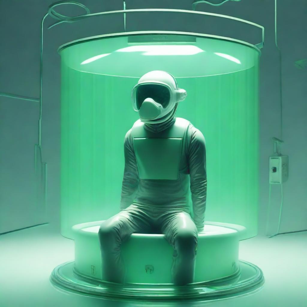 A conceptual art image showing the full body of a 20-year-old human inside a tank, wearing a simple breathing mask