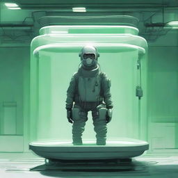 A conceptual art image showing the full body of a 20-year-old human inside a tank, wearing a simple breathing mask