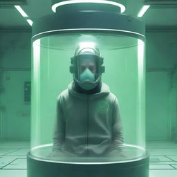 A conceptual art image showing the full body of a 20-year-old human inside a tank, wearing a simple breathing mask