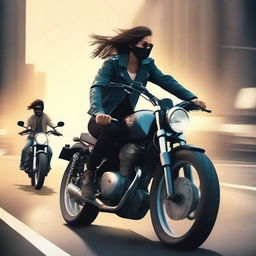 Create a book cover featuring a young robber boy on a motorbike with his girlfriend sitting on the same bike