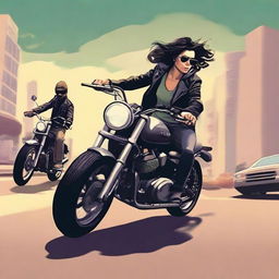 Create a book cover featuring a young robber boy on a motorbike with his girlfriend sitting on the same bike