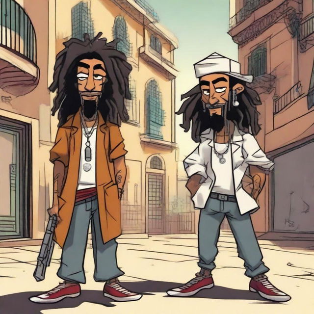 Two Moroccan cartoon characters with a gangster style, one with dreadlocks, holding weapons, set in the streets of Madrid