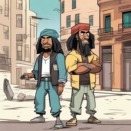 Two Moroccan cartoon characters with a gangster style, one with dreadlocks, holding weapons, set in the streets of Madrid