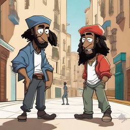 Two Moroccan cartoon characters with a gangster style, one with dreadlocks, holding weapons, set in the streets of Madrid