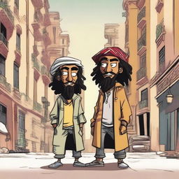 Two Moroccan cartoon characters with a gangster style, one with dreadlocks, holding weapons, set in the streets of Madrid