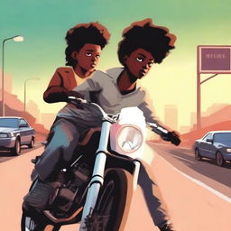 Create a book cover featuring a young black robber boy on a motorbike with his black girlfriend sitting on the same bike