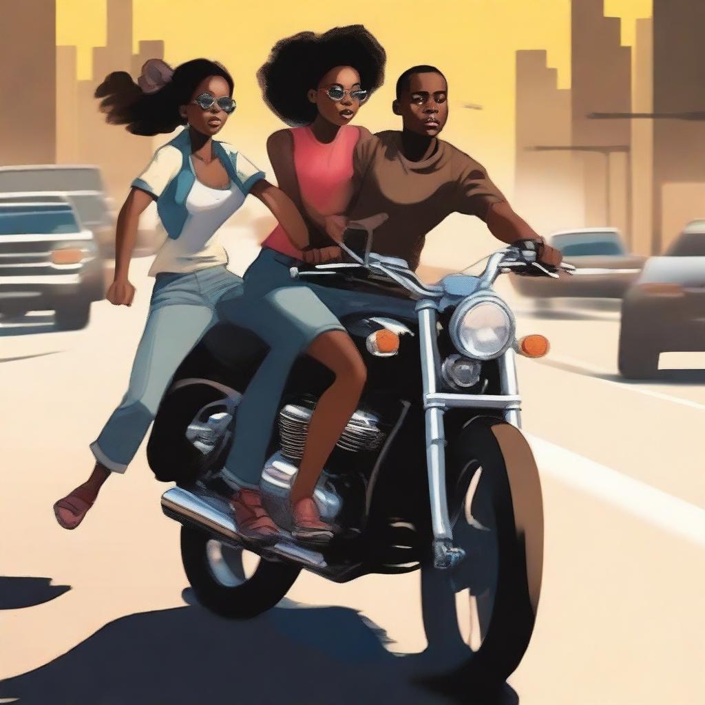 Create a book cover featuring a young black robber boy on a motorbike with his black girlfriend sitting on the same bike