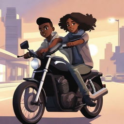 Create a book cover featuring a young black robber boy on a motorbike with his black girlfriend sitting on the same bike