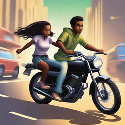 Create a book cover featuring a young black robber boy on a motorbike with his black girlfriend sitting on the same bike