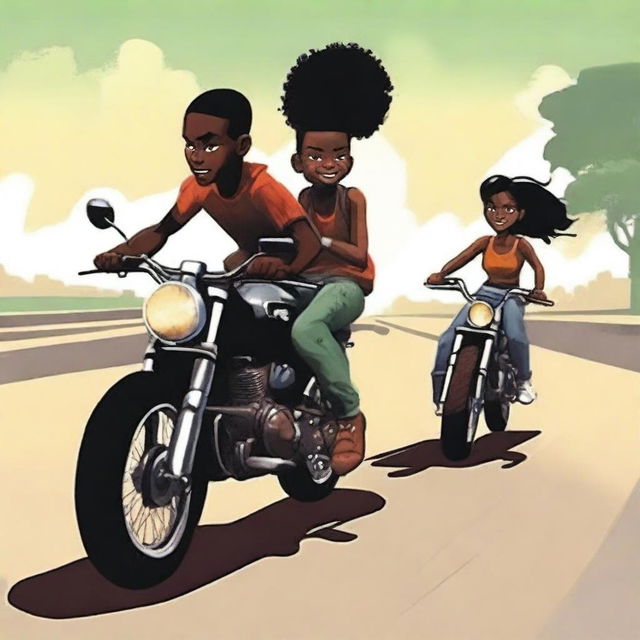 Create a book cover featuring a young black robber boy on a motorbike with his black girlfriend sitting on the same bike