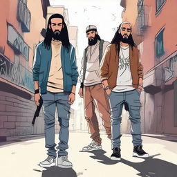 Two Moroccan characters with a gangster style in Spain, one with dreadlocks, holding weapons in the streets of Madrid