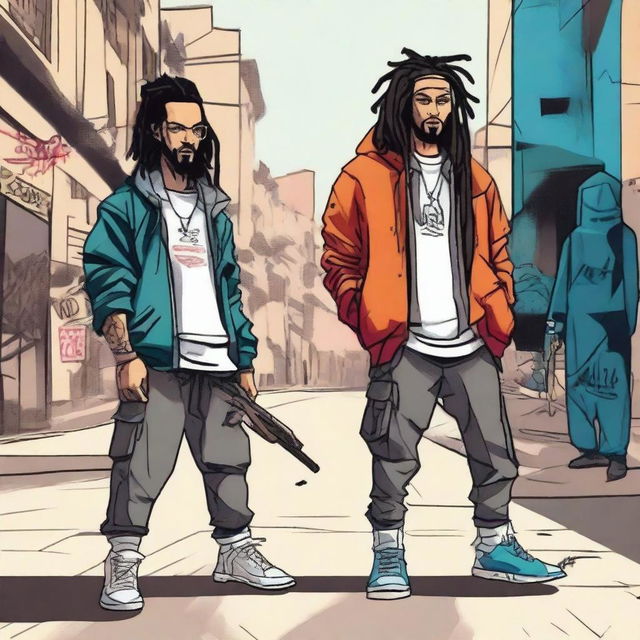 Two Moroccan characters with a gangster style in Spain, one with dreadlocks, holding weapons in the streets of Madrid