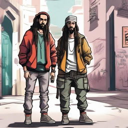 Two Moroccan characters with a gangster style in Spain, one with dreadlocks, holding weapons in the streets of Madrid