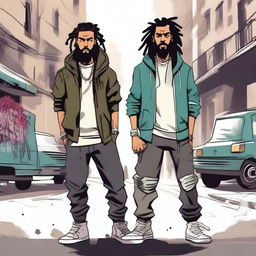 Two Moroccan characters with a gangster style in Spain, one with dreadlocks, holding weapons in the streets of Madrid