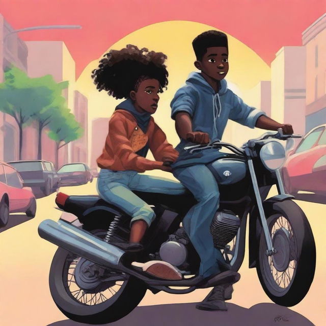 Create an HD book cover featuring a young black robber boy on a motorbike with his black girlfriend sitting on the same bike