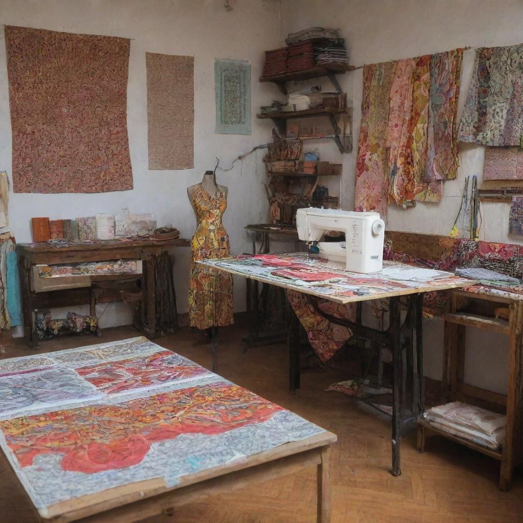 A detailed and ornate fashion designer's studio. The scene includes sketches, patterns, vibrant Ankara fabrics, two industrial sewing machines, swatches neatly organized, and colored threads. One table is highlighted in the midst of an empty space.