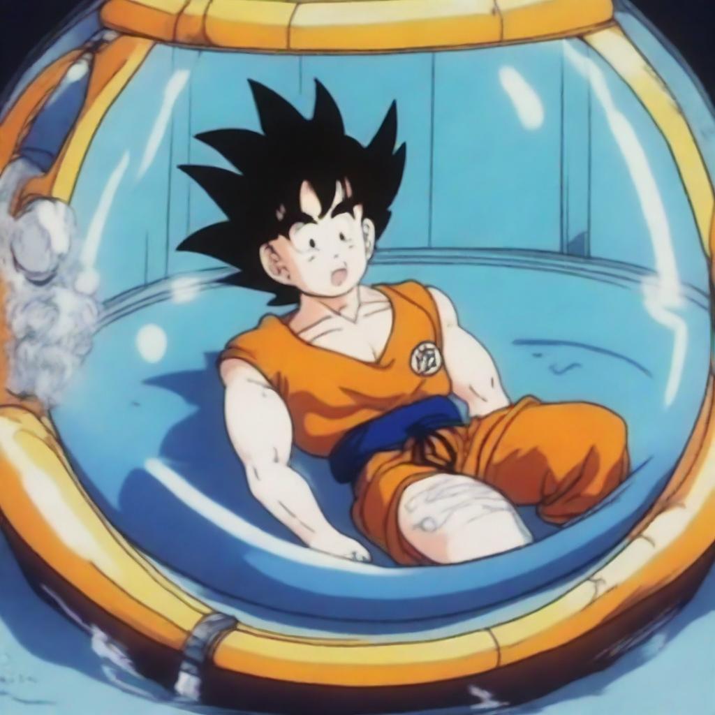 Goku recovering in a capsule similar to the one in the Dragon Ball series