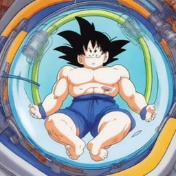 Goku recovering in a capsule similar to the one in the Dragon Ball series