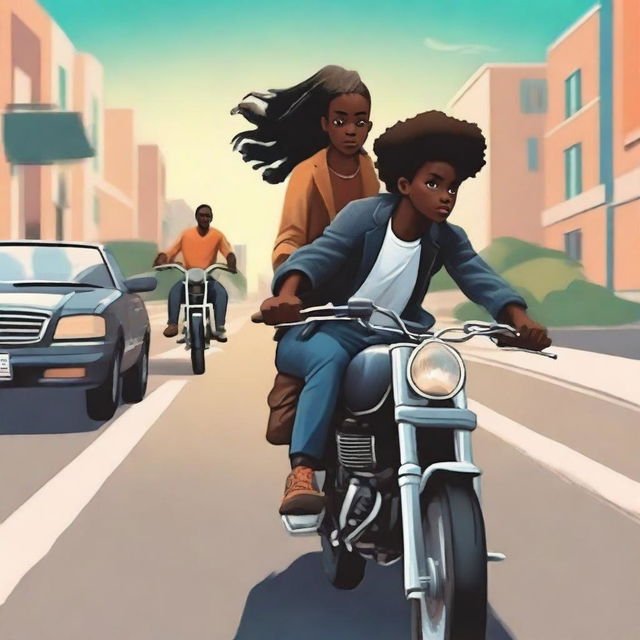 Create an HD book cover featuring a young black robber boy on a motorbike with his black girlfriend sitting on the same bike