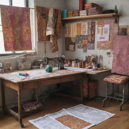 A detailed and ornate fashion designer's studio. The scene includes sketches, patterns, vibrant Ankara fabrics, two industrial sewing machines, swatches neatly organized, and colored threads. One table is highlighted in the midst of an empty space.