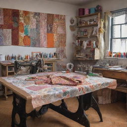 A detailed and ornate fashion designer's studio. The scene includes sketches, patterns, vibrant Ankara fabrics, two industrial sewing machines, swatches neatly organized, and colored threads. One table is highlighted in the midst of an empty space.