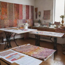 A detailed and ornate fashion designer's studio. The scene includes sketches, patterns, vibrant Ankara fabrics, two industrial sewing machines, swatches neatly organized, and colored threads. One table is highlighted in the midst of an empty space.