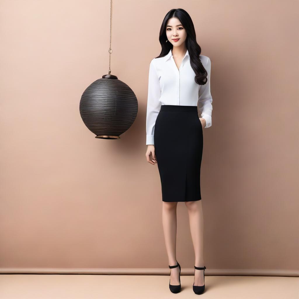 A stylish Japanese woman in a sleek black skirt and shirt, wearing high heels