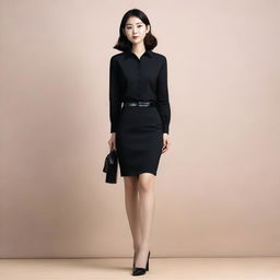 A stylish Japanese woman in a sleek black skirt and shirt, wearing high heels