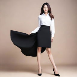 A stylish Japanese woman in a sleek black skirt and shirt, wearing high heels