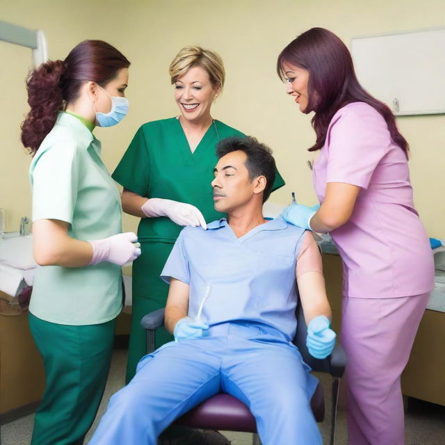 A transsexual lady dentist inspecting her male patient who is wearing a navy blue shirt, light blue medical gloves, grey leather pants, and white shoes