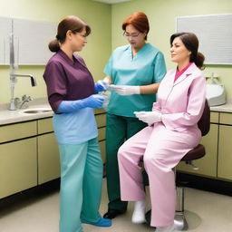 A transsexual lady dentist inspecting her male patient who is wearing a navy blue shirt, light blue medical gloves, grey leather pants, and white shoes