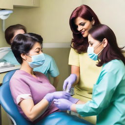 A transsexual lady dentist inspecting her male patient who is wearing a navy blue shirt, light blue medical gloves, grey leather pants, and white shoes