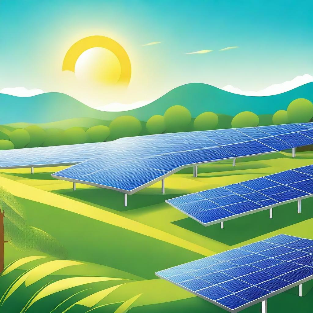 A detailed illustration featuring solar panels in a sunny field