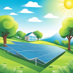 A detailed illustration featuring solar panels in a sunny field