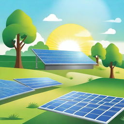 A detailed illustration featuring solar panels in a sunny field