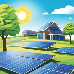 A detailed illustration featuring solar panels in a sunny field