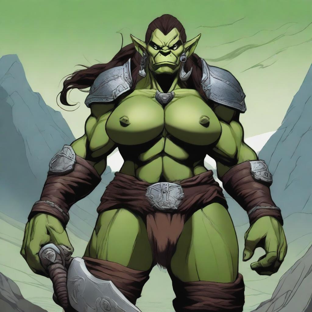 A large orc woman warrior with a very muscular build, wearing battle armor, and standing in a fierce pose