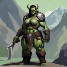 A large orc woman warrior with a very muscular build, wearing battle armor, and standing in a fierce pose