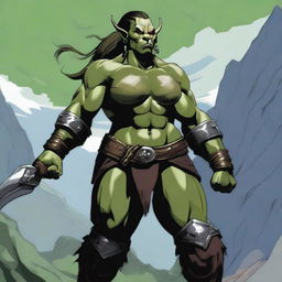 A large orc woman warrior with a very muscular build, wearing battle armor, and standing in a fierce pose