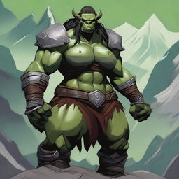 A large orc woman warrior with a very muscular build, wearing battle armor, and standing in a fierce pose