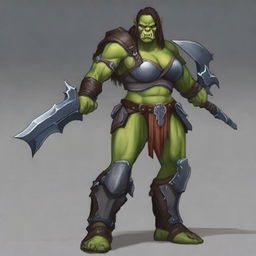 A large female orc warrior with a muscular build and a prominent chest